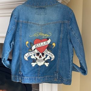 Upcycled Jean Jacket in Size L. One of a Kind. Ed Hardy Love Kills Slowly